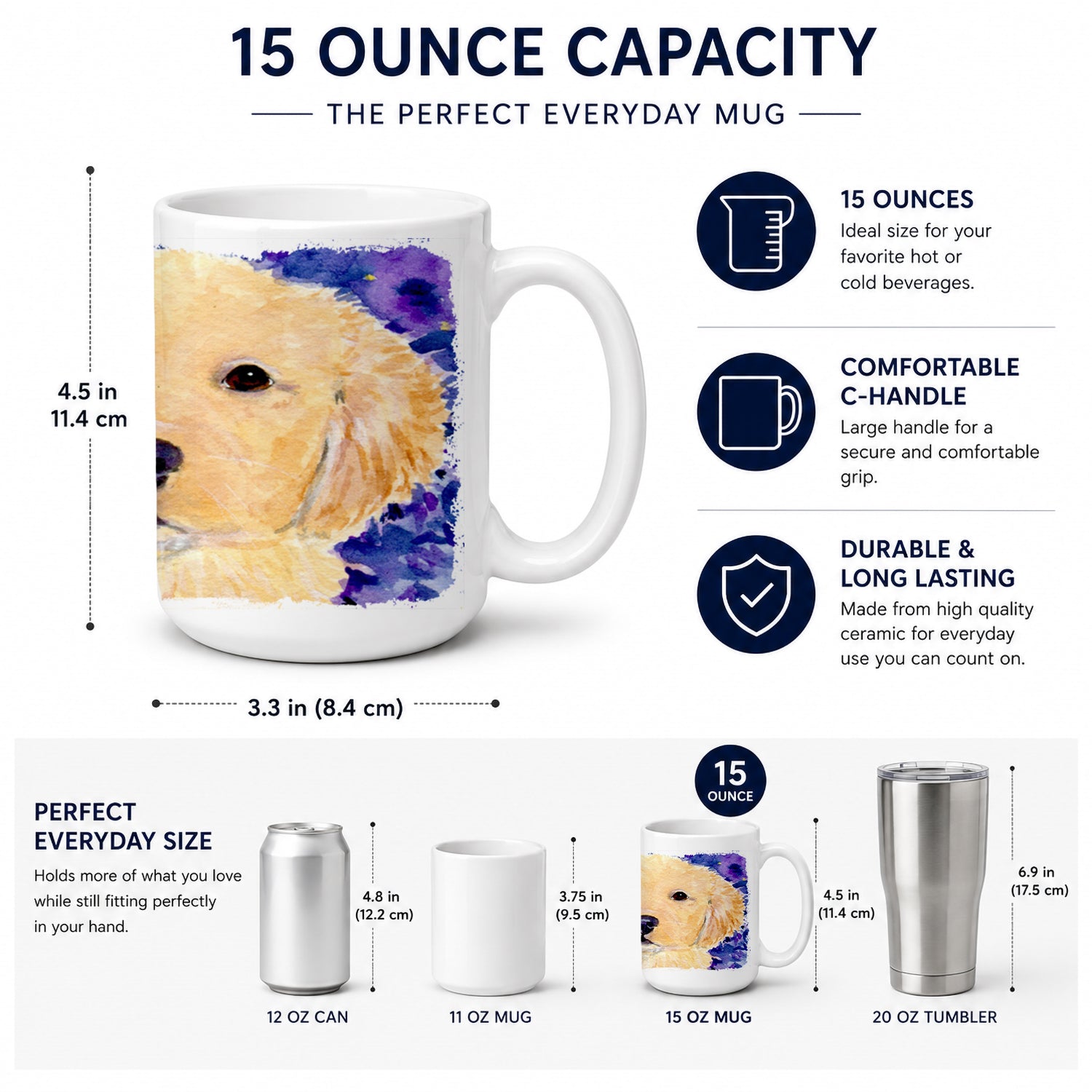 Golden Retriever Ceramic Coffee Mug 15 oz Decorative Large C Handle Mug Cup for Tea, Cocoa Hot Chocolate