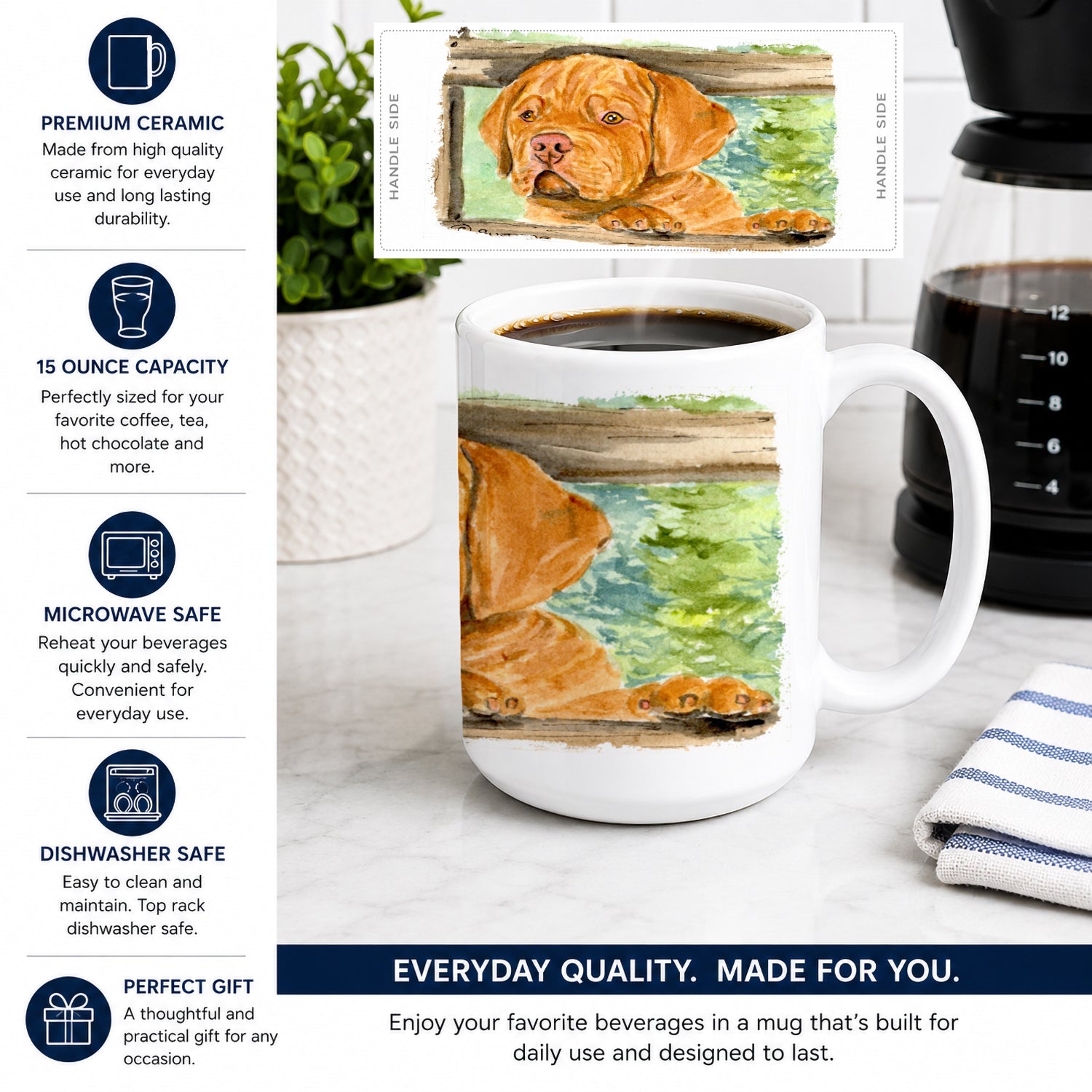 Dogue de Bordeaux Ceramic Coffee Mug 15 oz Decorative Large C Handle Mug Cup for Tea, Cocoa Hot Chocolate