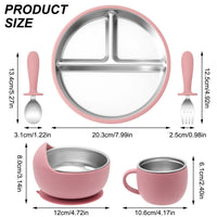 5PCS Baby Feeding Set Stainless Steel Plates with Silicone Sucker