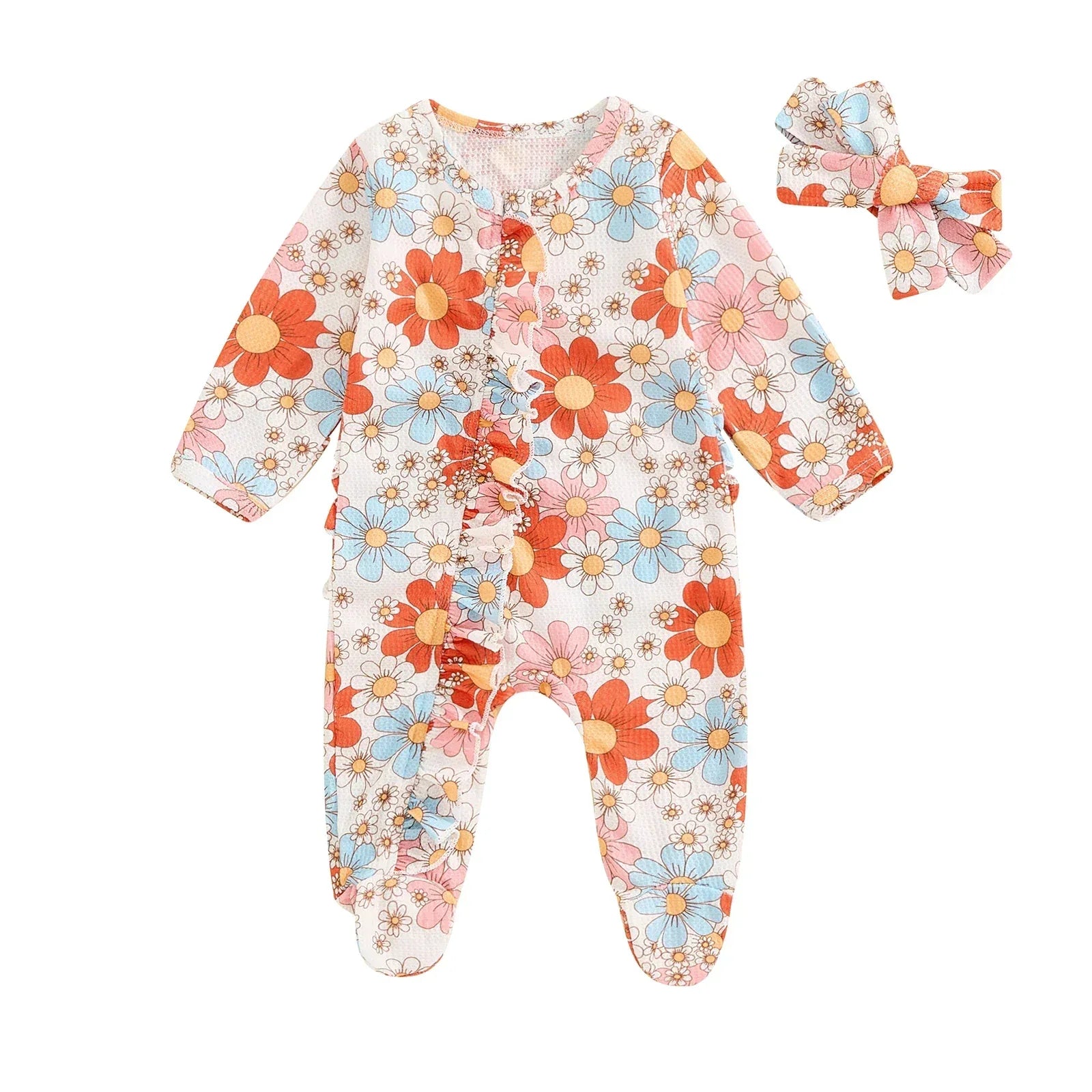 Baby Girls 2Pcs Long Sleeve Strawberry Flower Butterfly Print Frills Zipper Footies Jumpsuit and Headband Romper Set - BIG FRENCHIES