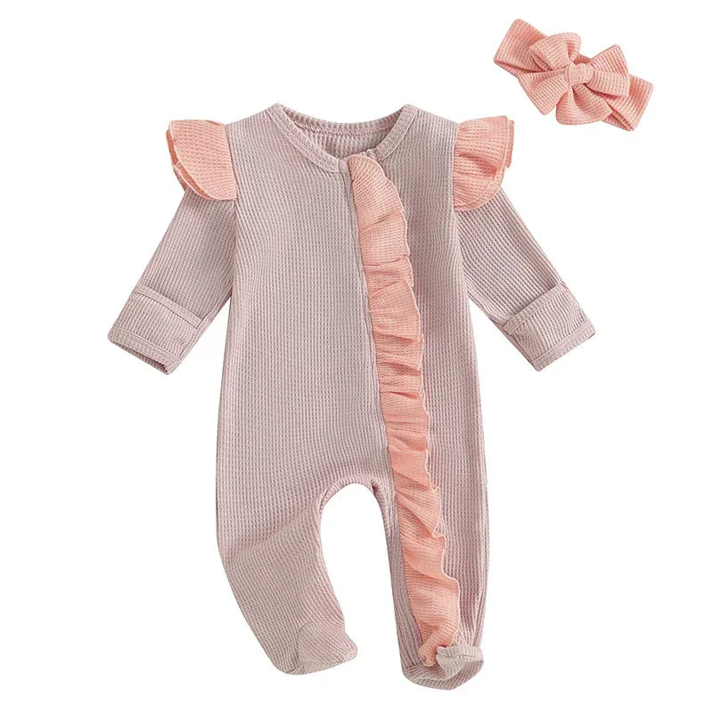 Baby Girls 2Pcs Outfit Long Sleeve Crew Neck Frills Zipper Romper Contrast Color Footies and Headband Set - BIG FRENCHIES