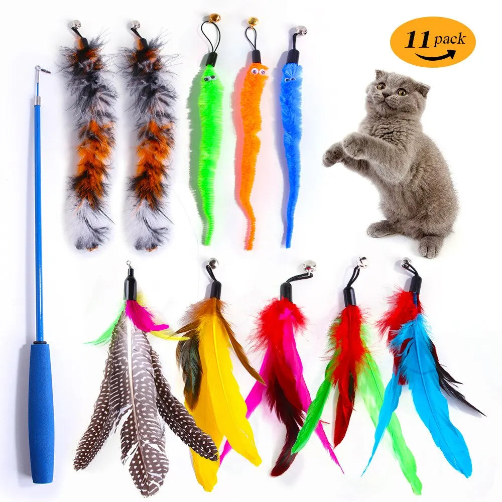 11PCS Cat Feather Toy Set – Replacement Feather Heads & Retractable Cat Wand Interactive Teaser Toys - BIG FRENCHIES