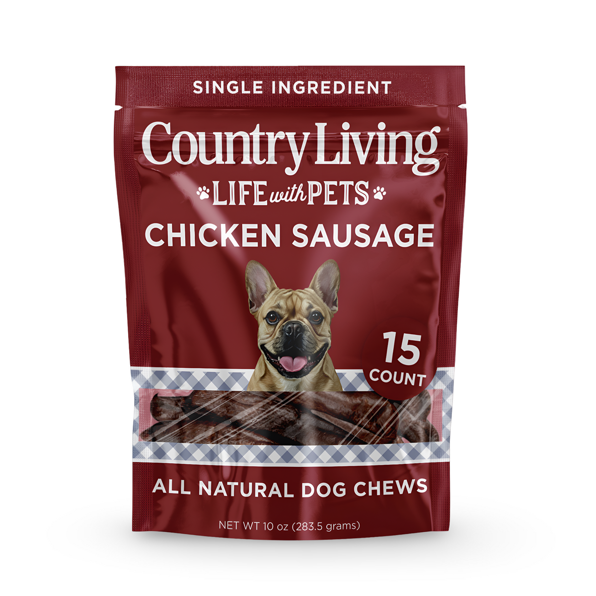 Country Living 4”-5” Beef Flavored Chicken Sausage Dog Treats – 15 Count Bag – Soft & Chewy, High-Protein Training & Reward Treats – Grain-Free, No Artificial Flavors or Preservatives - BIG FRENCHIES