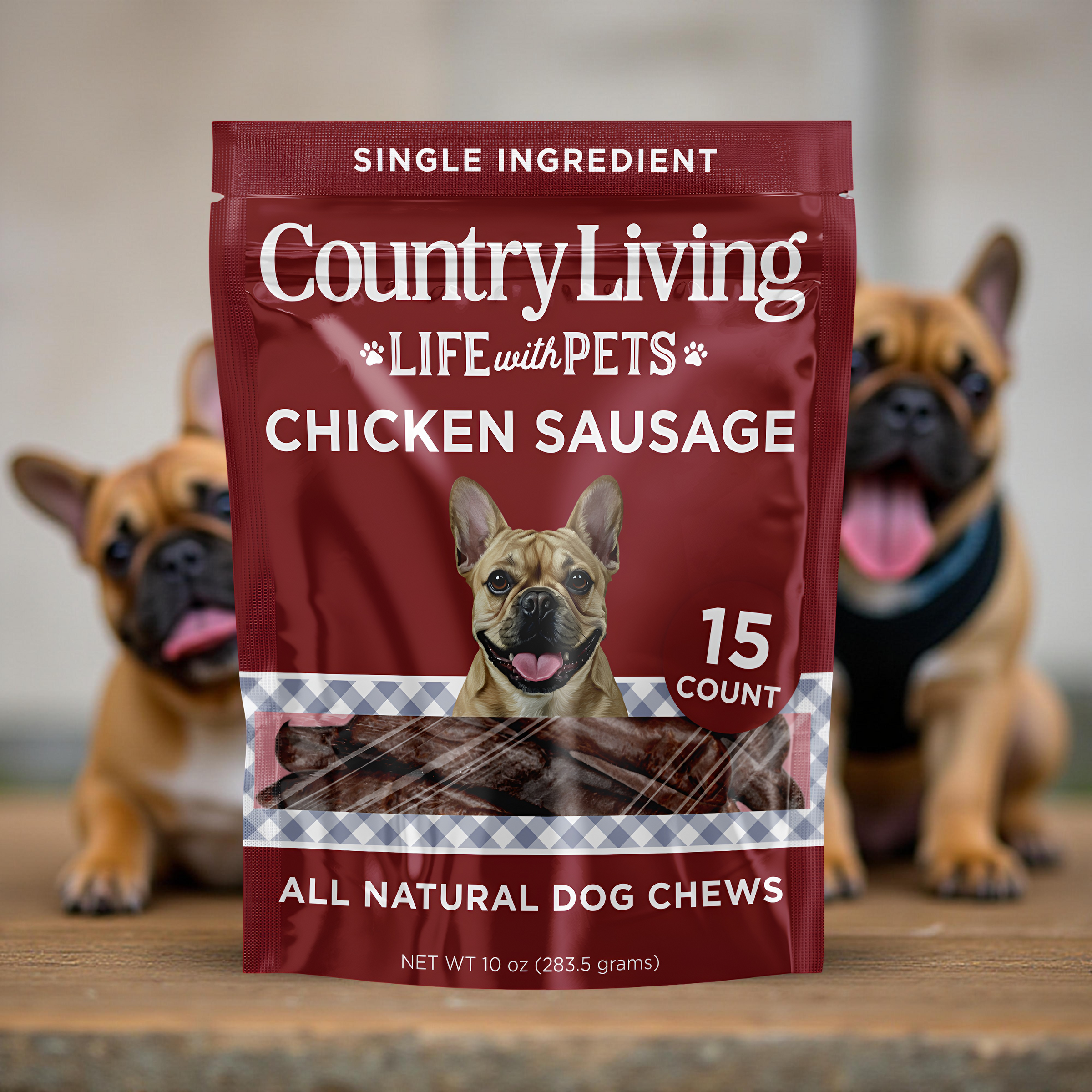Country Living 4”-5” Beef Flavored Chicken Sausage Dog Treats – 15 Count Bag – Soft & Chewy, High-Protein Training & Reward Treats – Grain-Free, No Artificial Flavors or Preservatives - BIG FRENCHIES