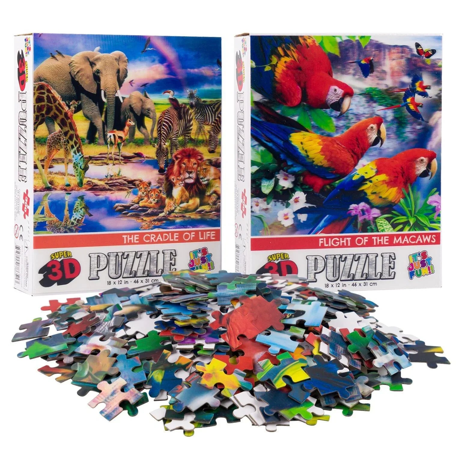Savanna Animals & Macaws Set of 2 300 Piece Lenticular Jigsaw Puzzles Prime 3D - BIG FRENCHIES