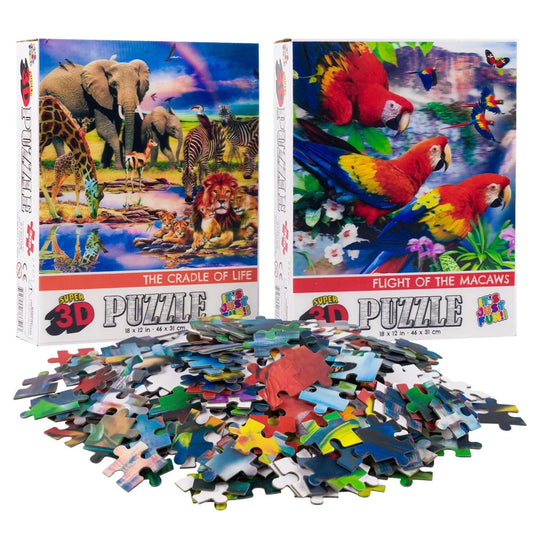 Savanna Animals & Macaws Set of 2 300 Piece Lenticular Jigsaw Puzzles Prime 3D - BIG FRENCHIES