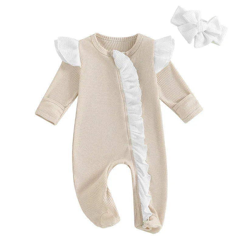 Baby Girls 2Pcs Outfit Long Sleeve Crew Neck Frills Zipper Romper Contrast Color Footies and Headband Set - BIG FRENCHIES