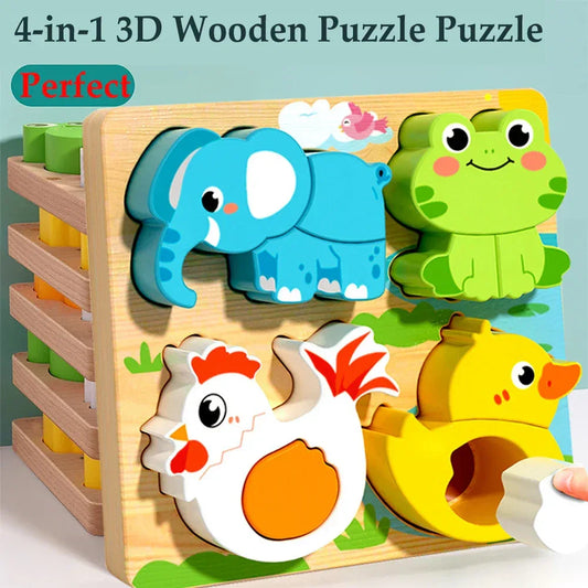 4-in-1 Wooden 3D Cartoon Animal Puzzle | Educational Toy for Kids - BIG FRENCHIES