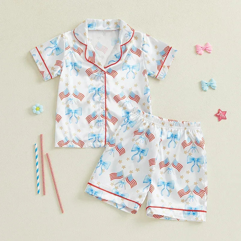 Toddler Girls Patriotic Pajamas Set Summer Star/Bow Print Button up Short Sleeves Shirt with Elastic Shorts for Loungewear - BIG FRENCHIES