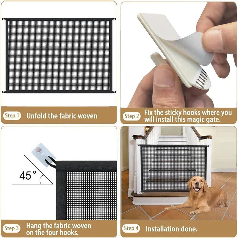Pet Dog Safety Barrier Fence – Folding Mesh Gate with 4 Hooks for Stairs & Doorways - BIG FRENCHIES