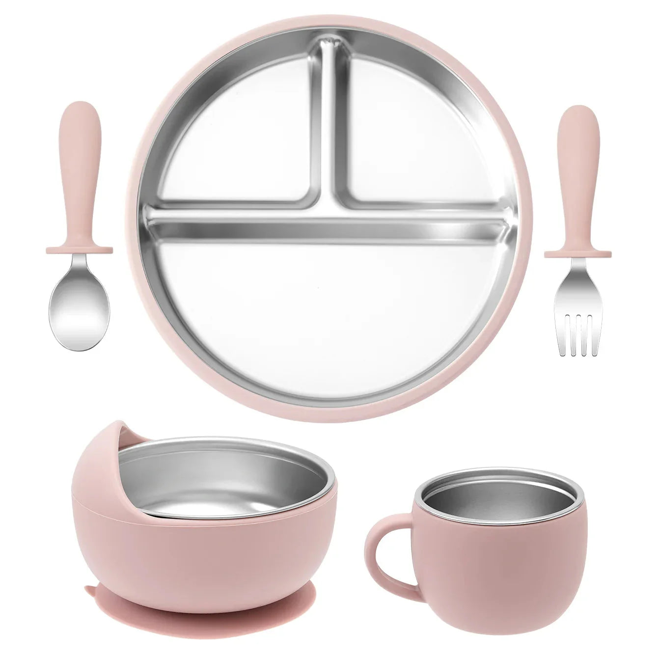 5PCS Baby Feeding Set Stainless Steel Plates with Silicone Sucker