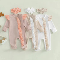 Baby Girls 2Pcs Outfit Long Sleeve Crew Neck Frills Zipper Romper Contrast Color Footies and Headband Set - BIG FRENCHIES