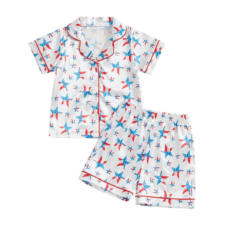 Toddler Girls Patriotic Pajamas Set Summer Star/Bow Print Button up Short Sleeves Shirt with Elastic Shorts for Loungewear - BIG FRENCHIES