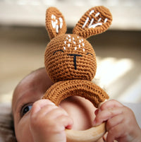 Handmade Organic Cotton Rattle Ring Teether · Bunny Design · Brown/Rust Body Color - BIG FRENCHIES