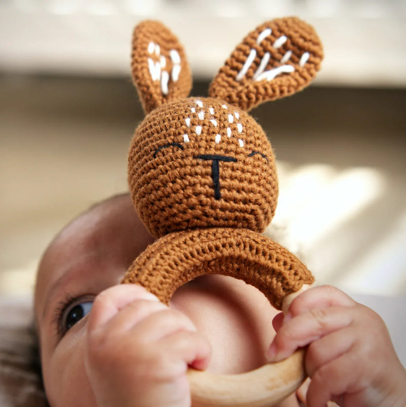 Handmade Organic Cotton Rattle Ring Teether · Bunny Design · Brown/Rust Body Color - BIG FRENCHIES
