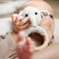 Handmade Organic Cotton Rattle Ring Teether · Elephant Design · Grey body with Black Features - BIG FRENCHIES
