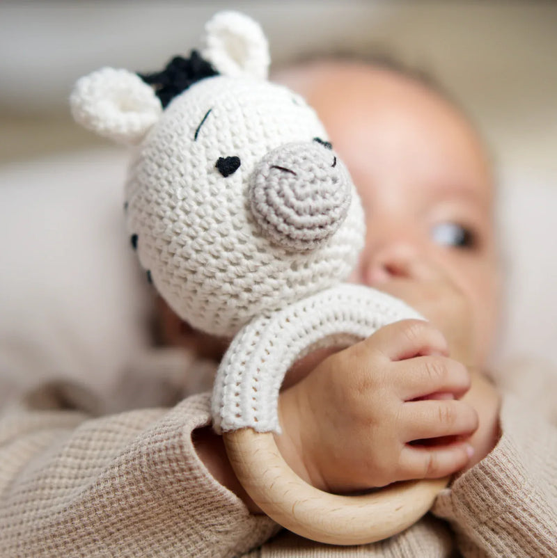 Handmade Organic Cotton Rattle Ring Teether · Zebra Design · Black and Grey with White Body Color - BIG FRENCHIES