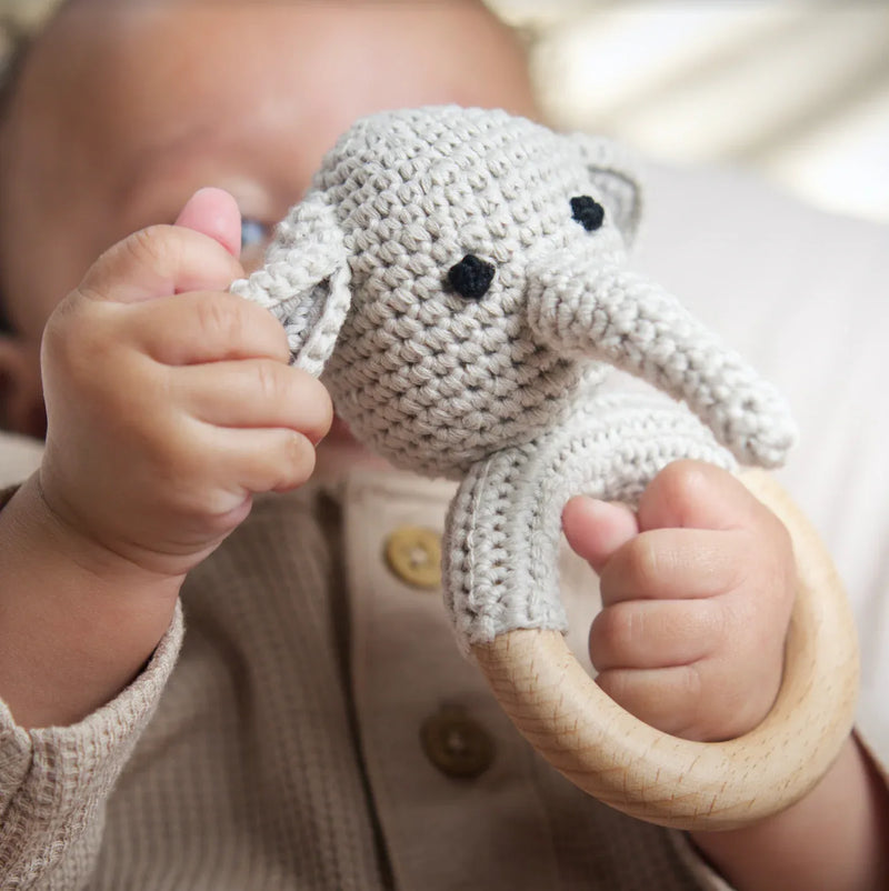 Handmade Organic Cotton Rattle Ring Teether · Elephant Design · Grey body with Black Features - BIG FRENCHIES