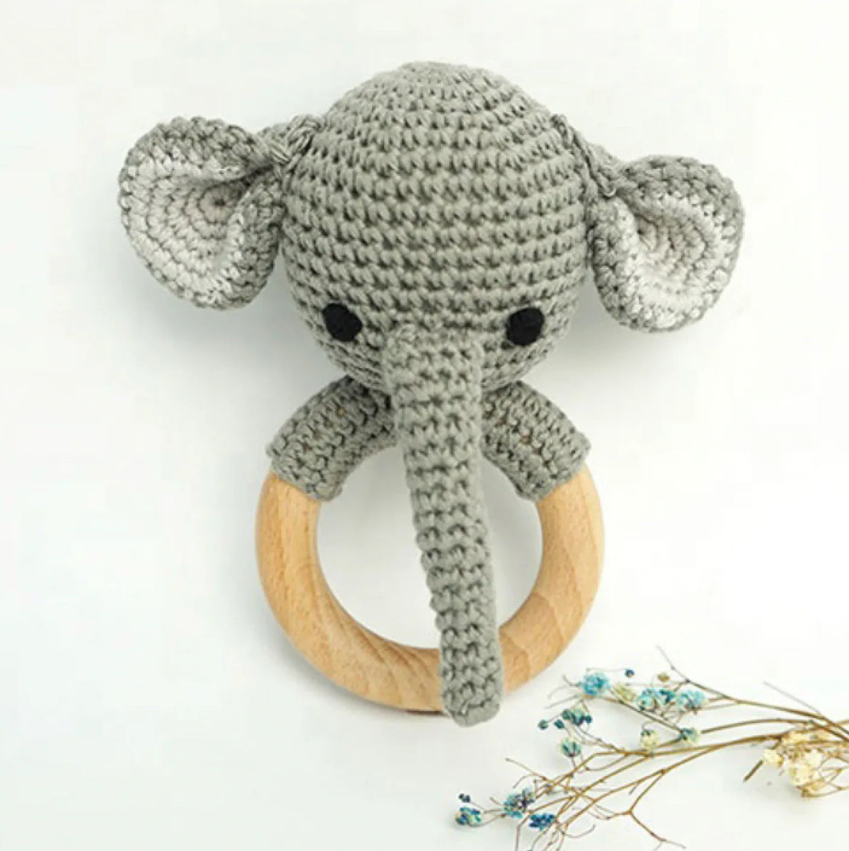 Handmade Organic Cotton Rattle Ring Teether · Elephant Design · Grey body with Black Features - BIG FRENCHIES