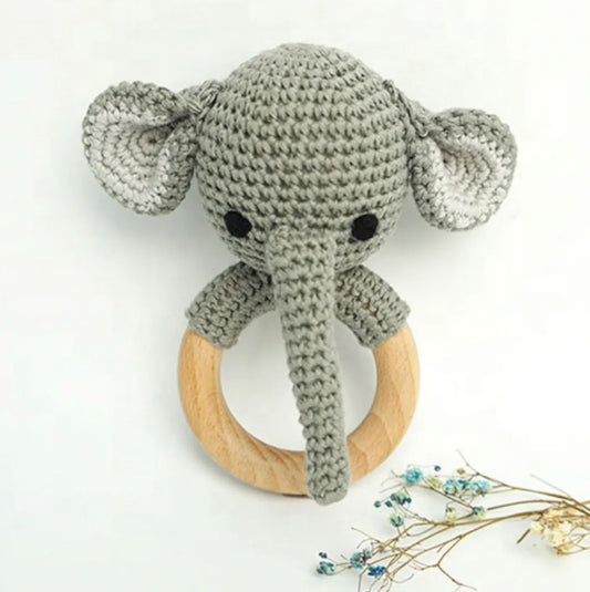Handmade Organic Cotton Rattle Ring Teether · Elephant Design · Grey body with Black Features - BIG FRENCHIES