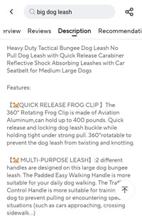 Heavy duty tactical bungee leash shock absorbing reflective, no pull.