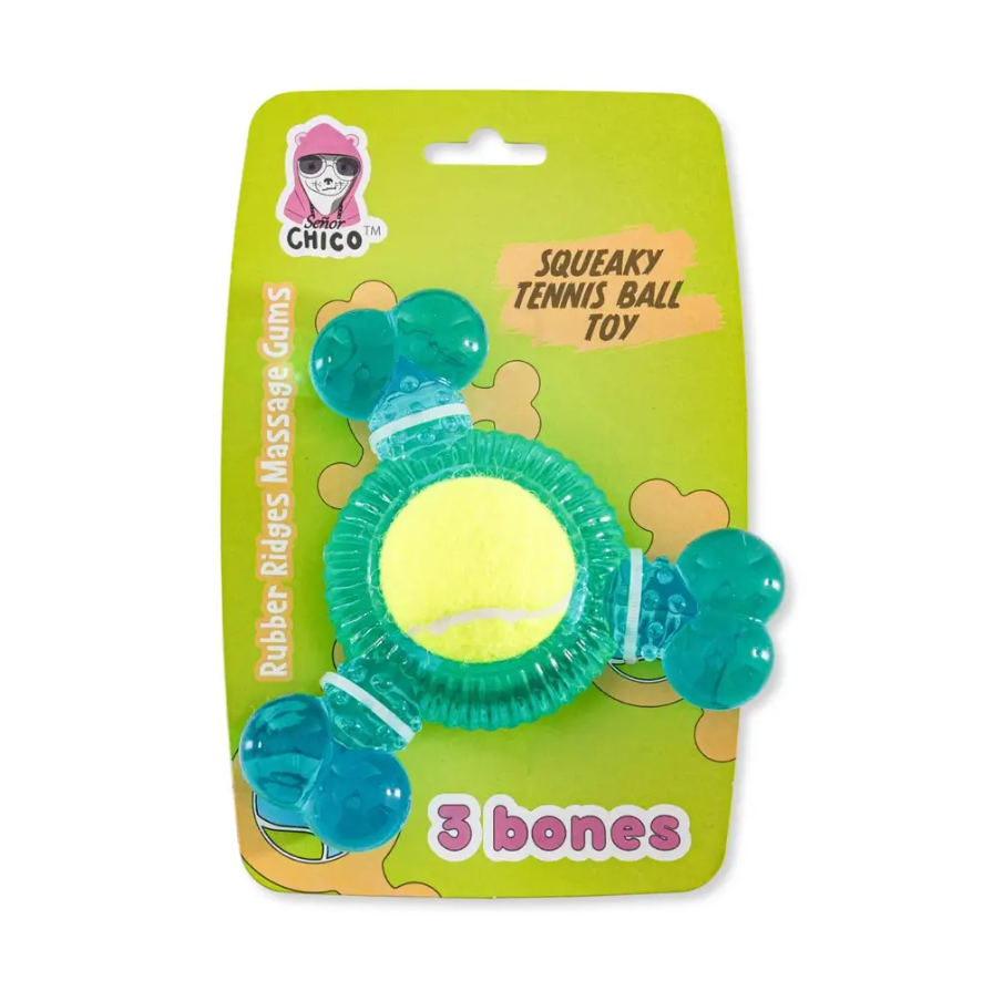 3-Bone TPR Chew Toy with Squeaker & Tennis Ball for Dogs – Removable Ball & Interactive Play - BIG FRENCHIES