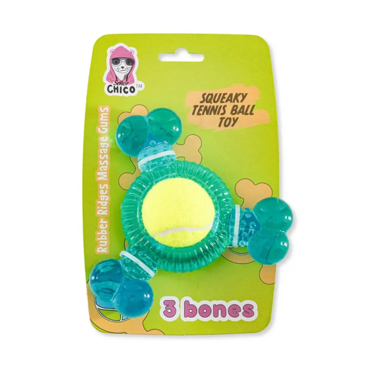 3-Bone TPR Chew Toy with Squeaker & Tennis Ball for Dogs – Removable Ball & Interactive Play - BIG FRENCHIES