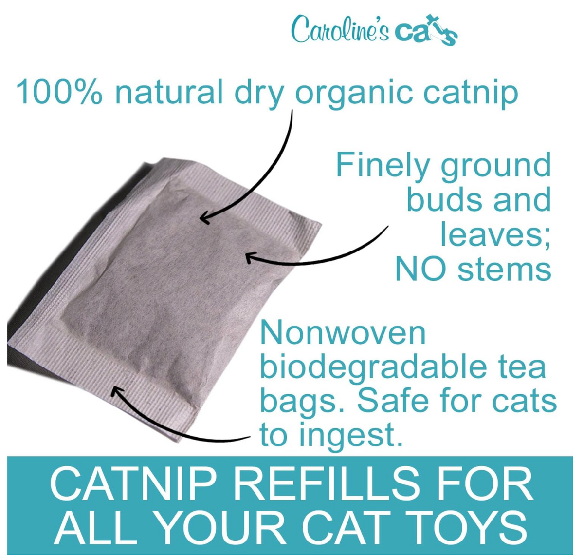 Caroline's Cats Organic Catnip Packets for Cat Toys – Refill Pouches for Flapping Bird, Flopping Fish, and More, 10 Tea Bags-Pet Toys-BIG FRENCHIES-Caroline's Cats