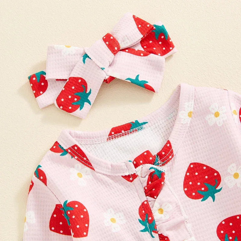 Baby Girls 2Pcs Long Sleeve Strawberry Flower Butterfly Print Frills Zipper Footies Jumpsuit and Headband Romper Set - BIG FRENCHIES