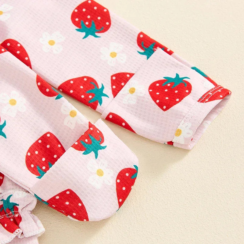 Baby Girls 2Pcs Long Sleeve Strawberry Flower Butterfly Print Frills Zipper Footies Jumpsuit and Headband Romper Set - BIG FRENCHIES