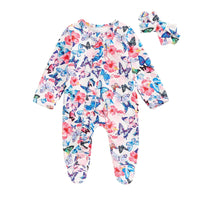 Baby Girls 2Pcs Long Sleeve Strawberry Flower Butterfly Print Frills Zipper Footies Jumpsuit and Headband Romper Set - BIG FRENCHIES