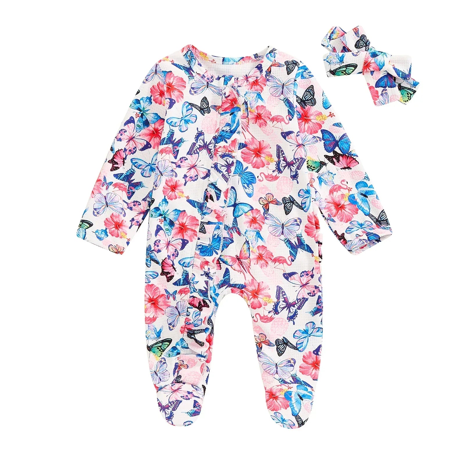 Baby Girls 2Pcs Long Sleeve Strawberry Flower Butterfly Print Frills Zipper Footies Jumpsuit and Headband Romper Set - BIG FRENCHIES