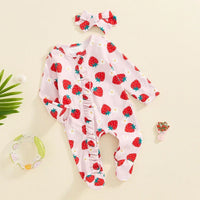Baby Girls 2Pcs Long Sleeve Strawberry Flower Butterfly Print Frills Zipper Footies Jumpsuit and Headband Romper Set - BIG FRENCHIES