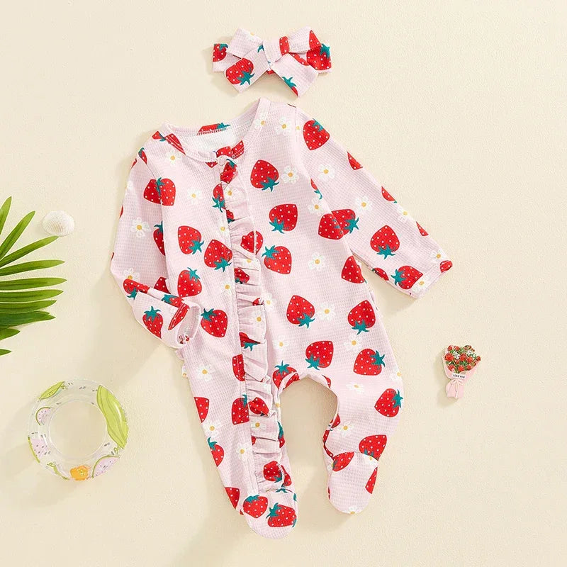 Baby Girls 2Pcs Long Sleeve Strawberry Flower Butterfly Print Frills Zipper Footies Jumpsuit and Headband Romper Set - BIG FRENCHIES