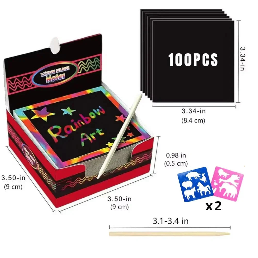 100PCS Rainbow Scratch Art Kit - Non-Toxic Craft Set with Wooden Stylus for Kids Ages 5-12