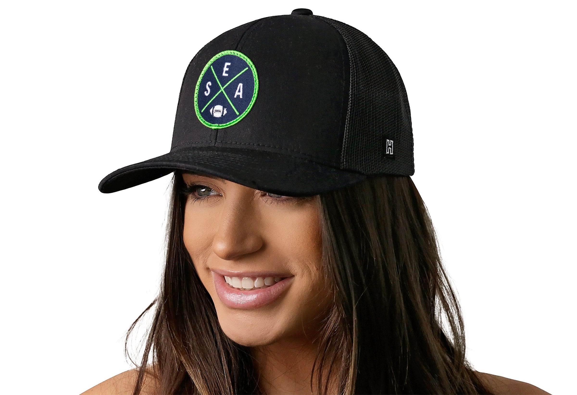 Seattle Trucker Hat  |  Black SEA X Football Snapback