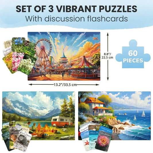Set of 3 60 Piece Tray Jigsaw Puzzles with Conversation Cards Quokka - BIG FRENCHIES
