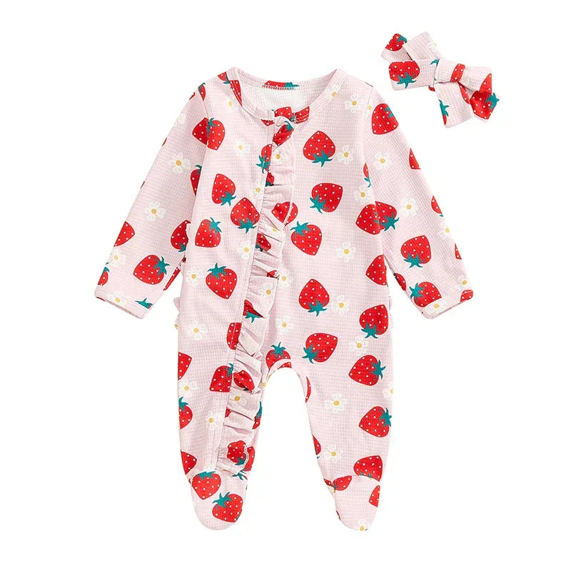 Baby Girls 2Pcs Long Sleeve Strawberry Flower Butterfly Print Frills Zipper Footies Jumpsuit and Headband Romper Set - BIG FRENCHIES