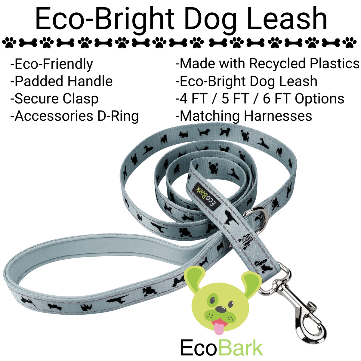 EcoBark Gray Dog Leash- Padded Comfort Grip Leash - 4ft, 5ft, and 6ft Leash for Small and Medium Dogs - BIG FRENCHIES