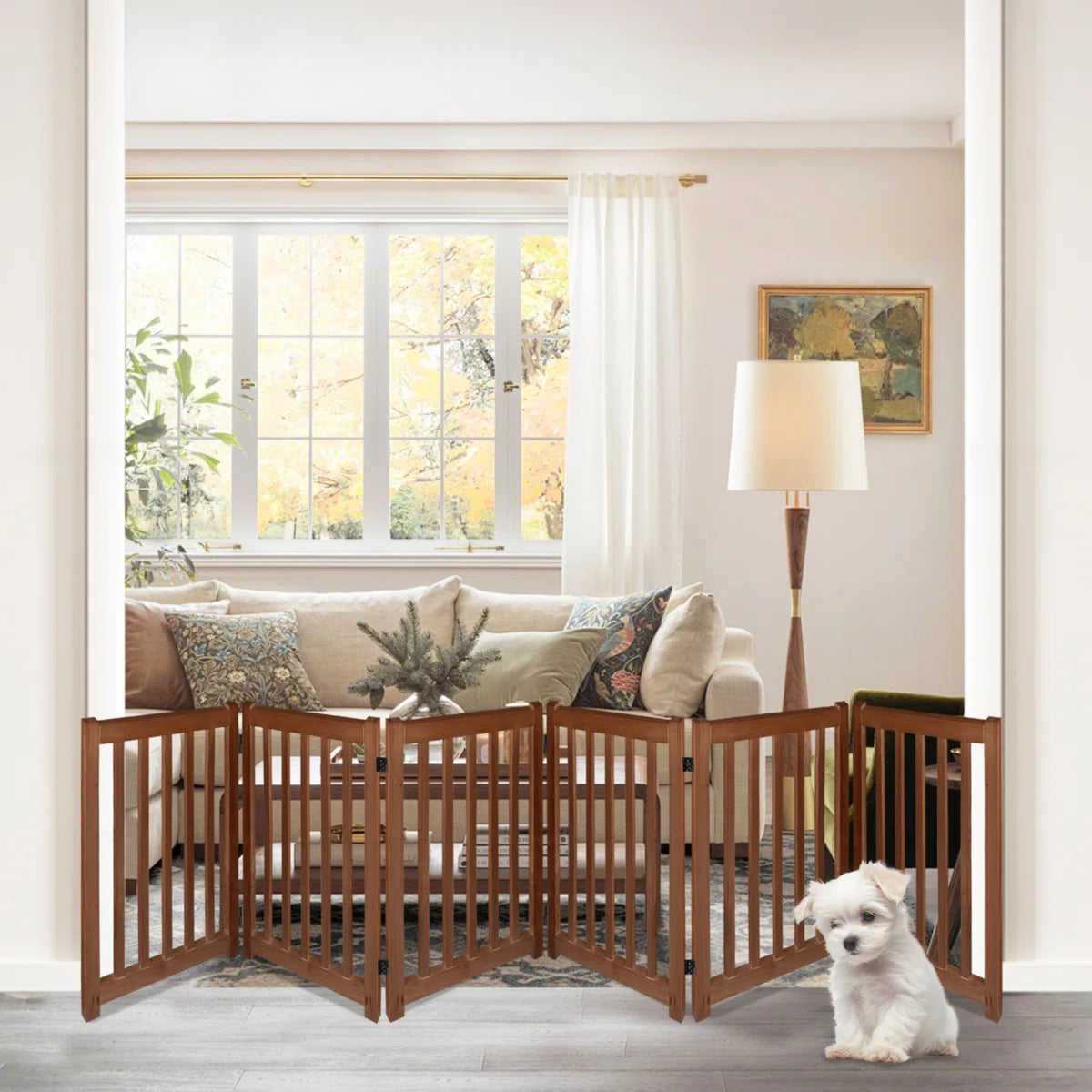 6-Panel Freestanding Dog Gate – Foldable Solid Wood Pet Fence, 24" High, 120" Width