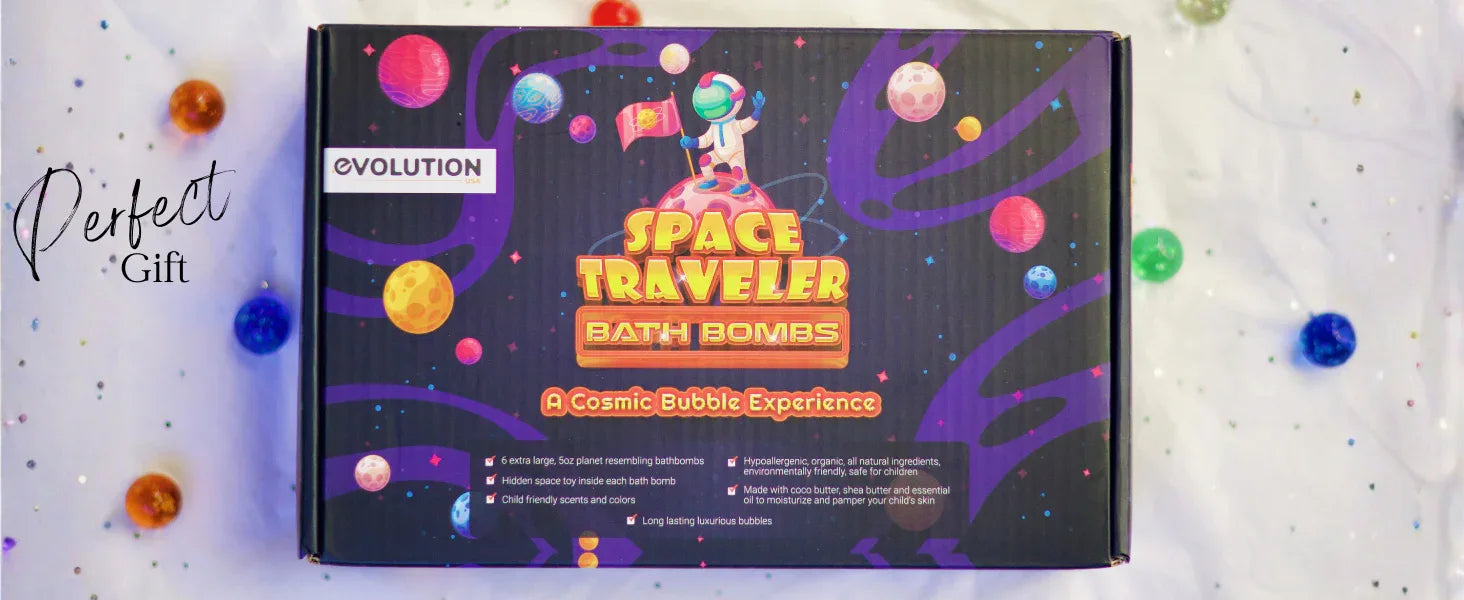 EvolutionUSA 6pc Space Bath Bombs for Boys & Girls, 6 Planet Bath Balls with Toy Hidden Inside, Organic Hypoallerganic Childrens Bathbombs, Cosmic Fun Space Surprise, Gift Set Birthday, Christmas, Easter - BIG FRENCHIES
