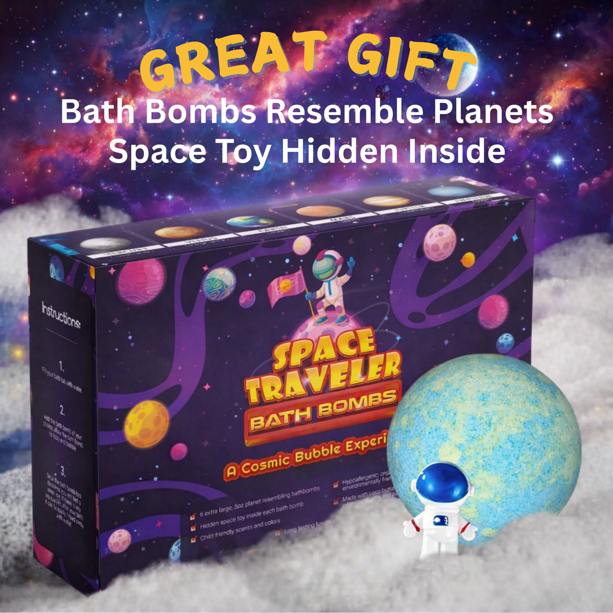 EvolutionUSA 6pc Space Bath Bombs for Boys & Girls, 6 Planet Bath Balls with Toy Hidden Inside, Organic Hypoallerganic Childrens Bathbombs, Cosmic Fun Space Surprise, Gift Set Birthday, Christmas, Easter - BIG FRENCHIES