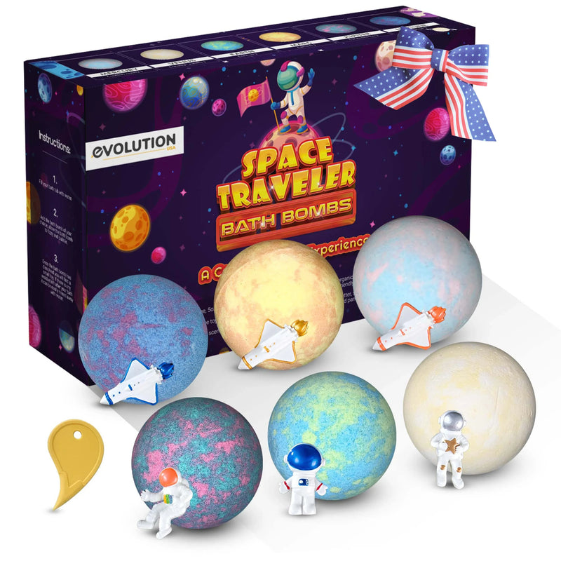 EvolutionUSA 6pc Space Bath Bombs for Boys & Girls, 6 Planet Bath Balls with Toy Hidden Inside, Organic Hypoallerganic Childrens Bathbombs, Cosmic Fun Space Surprise, Gift Set Birthday, Christmas, Easter - BIG FRENCHIES