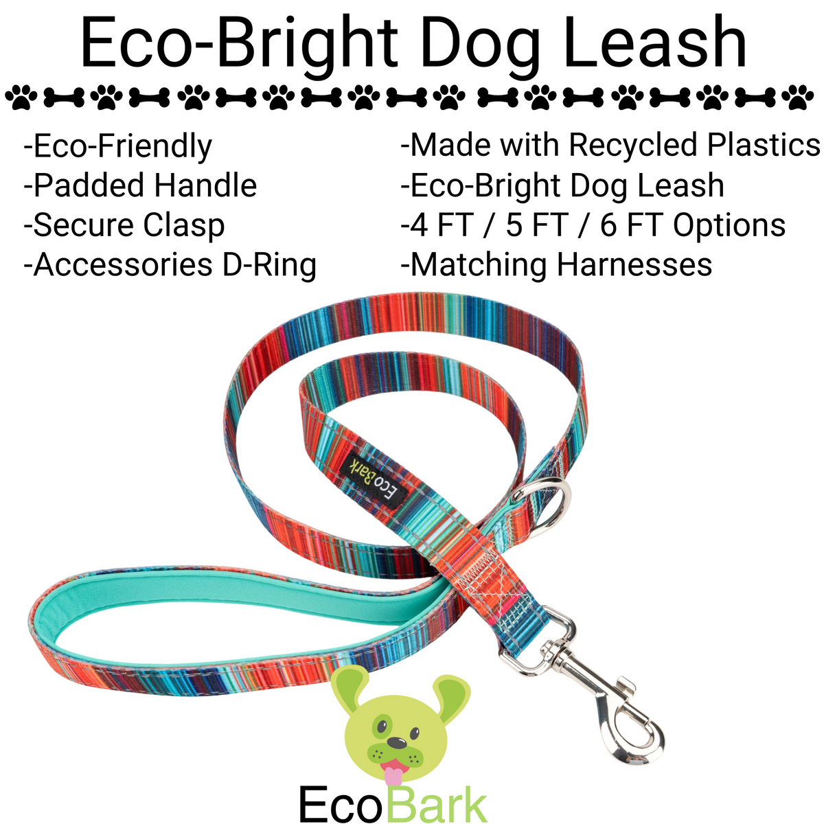 Stripe Dog Leash by EcoBark - Multicolor Padded Comfort Grip Leash - 4ft, 5ft, and 6ft Leash for Small and Medium Dogs - BIG FRENCHIES