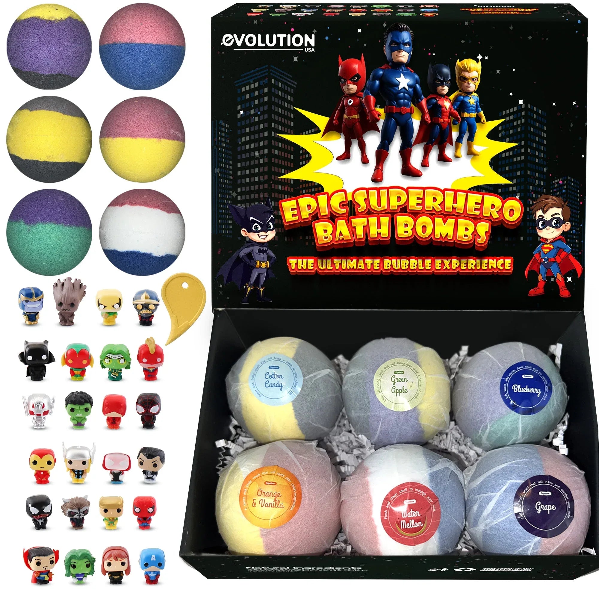EvolutionUSA Epic Superhero Bath Bombs for Kids, 6pc Super Hero Bath Bombs with Toy Inside Bathbombs, Spiderman Bathbomb with Surprise Inside, Bath Balls for Marvel Lovers, Easter Childrens Bath Bomb - BIG FRENCHIES