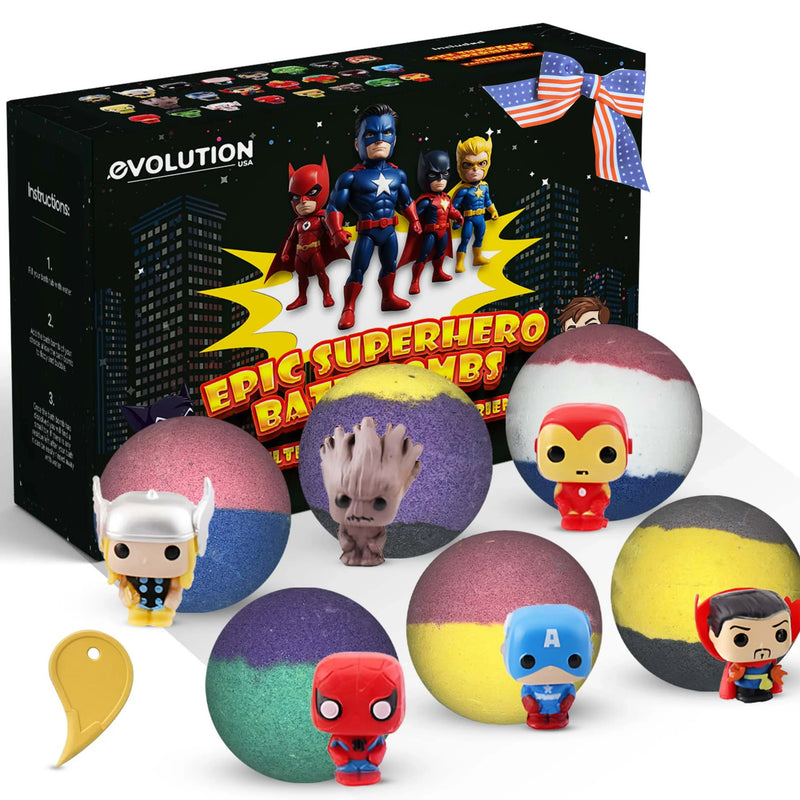 EvolutionUSA Epic Superhero Bath Bombs for Kids, 6pc Super Hero Bath Bombs with Toy Inside Bathbombs, Spiderman Bathbomb with Surprise Inside, Bath Balls for Marvel Lovers, Easter Childrens Bath Bomb - BIG FRENCHIES