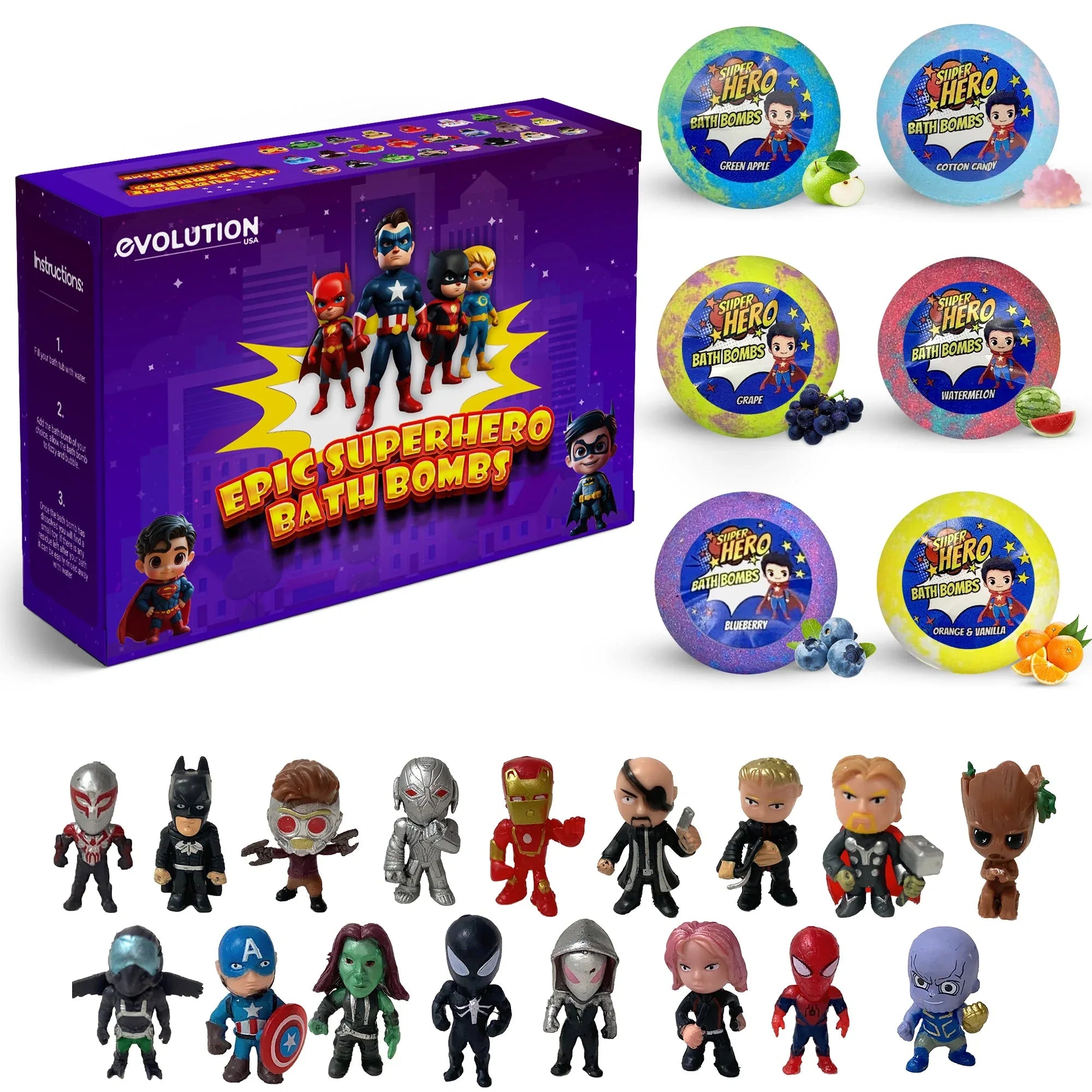 EvolutionUSA Epic Superhero Bath Bombs for Kids, 6 Super Hero Bath Bombs with Toy Inside Bathbombs, Spiderman Bathbomb with Surprise Inside, Bath Balls for Marvel Lovers, Easter Childrens Bath - BIG FRENCHIES