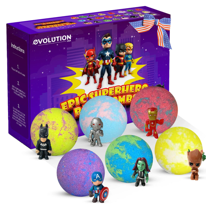 EvolutionUSA Epic Superhero Bath Bombs for Kids, 6 Super Hero Bath Bombs with Toy Inside Bathbombs, Spiderman Bathbomb with Surprise Inside, Bath Balls for Marvel Lovers, Easter Childrens Bath - BIG FRENCHIES