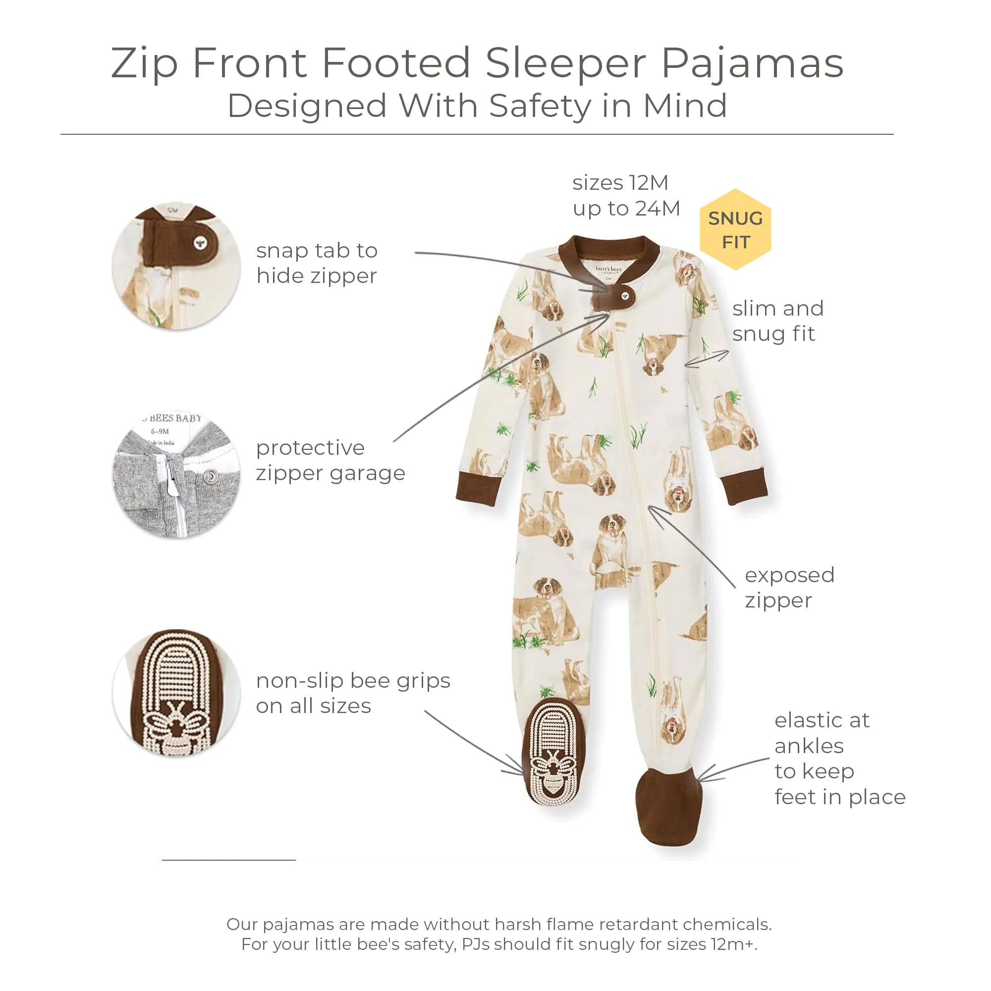 Burt's Bees Baby Baby Boys' Pajamas, Zip-Front Non-Slip Unisex Footed Sleeper Pjs, Organic Cotton 18 Months St Bernard Dog 1 - # BOAA11710014