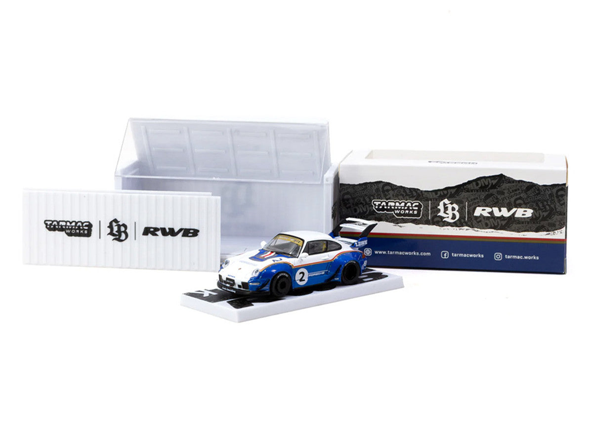 RWB 993 #2 "Liberty Walk" White and Blue Metallic with Container Packaging "Hobby64" Series 1/64 Diecast Model Car by Tarmac Works